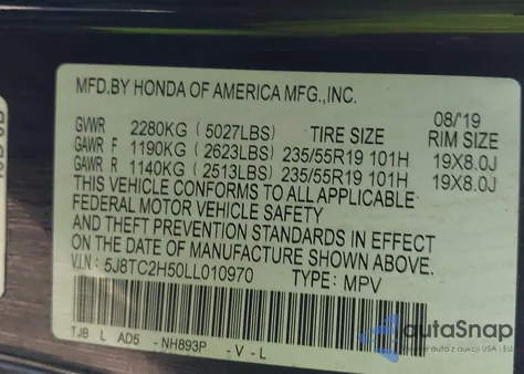 2020 Acura Rdx Technology Package z USA, uszkodzony, nr VIN 5J8TC2H50LL010970